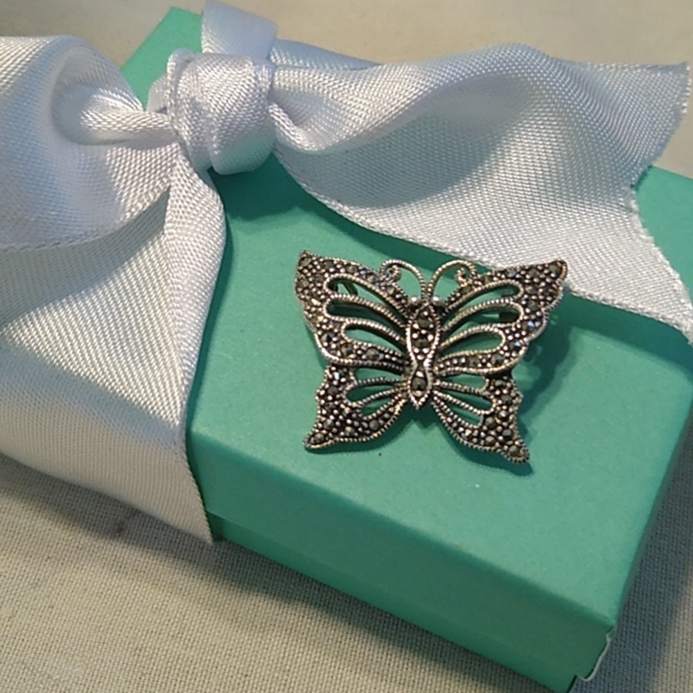 Vintage Signed DBJ Sterling Silver Butterfly Brooch with Marcasites 925